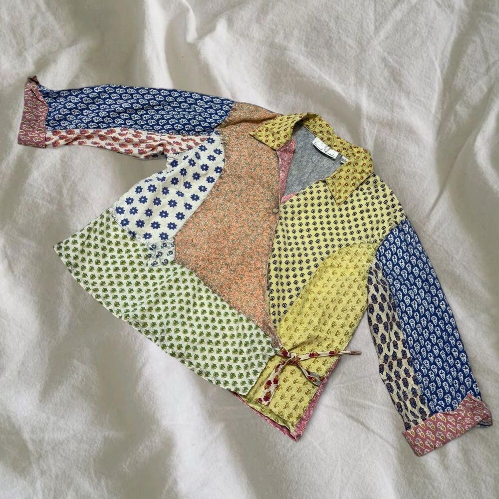 100% Cotton Patchwork Festival Hippie Block Print Summer Lightweigt Blouse SZ L